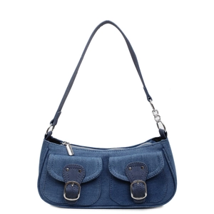 2025 stylish blue denim shoulder bag with front utility pockets and silver metal buckle