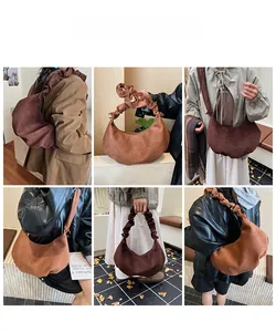 Multiple lifestyle views of vintage crescent dumpling bag with pleated cloud strap