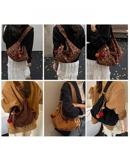 Multiple views of large hobo bags with leopard print and pom-pom charms shown on model