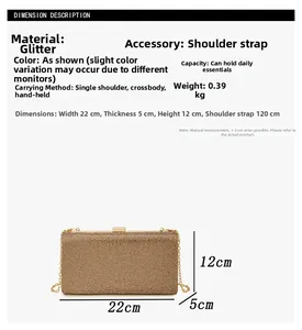 Detail view of champagne gold rhinestone clutch bag with 120cm removable chain strap