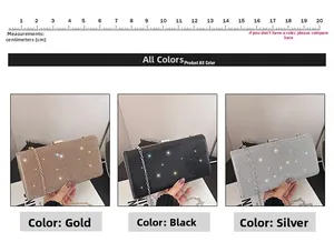 Detailed comparison of sparkling evening clutch bags in gold, black, and silver colors