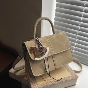 Vintage Matte PU Leather Crossbody Bag For Women Small Square Handbag With Contrast Stitching And Rocking Horse Pendant
