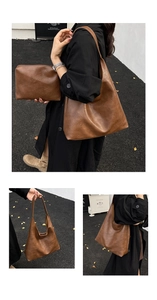 Detail of vintage brown faux leather tote bag set with matching clutch and soft texture
