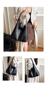 Three-panel view of a black large tote bag showing front, side, and back perspectives