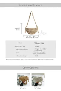 Detailed size specifications and color options for the bohemian woven tassel crossbody bag