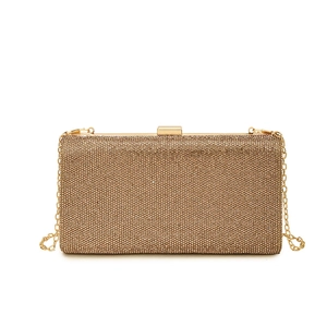 Sparkling champagne gold rhinestone box clutch bag with elegant gold chain strap