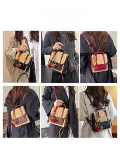 Mini plush backpack with heart-pattern quilting shown in multiple carrying styles