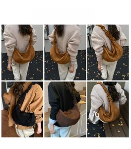 Detail shots of large suede dumpling bag featuring pleated shoulder strap in multiple colors