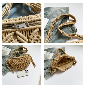 Detailed shots of beige macrame woven crossbody bag with fringe and silver zipper