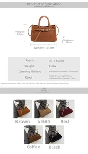 Detailed view of the PU leather and suede patchwork handbag showing dimensions and multi-colors