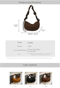 Detailed size specifications and color options for the large suede pleated hobo bag