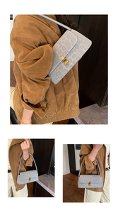 Detail of grey leopard print baguette bag with gold metal buckle and leather strap