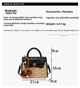 Detailed view of plush handbag dimensions with heart pattern and leather handle