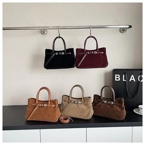 Detailed collection of faux suede crossbody bags in five colors with metal buckle accents