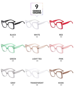 Detailed grid view showing nine stylish square frame glasses in various color options