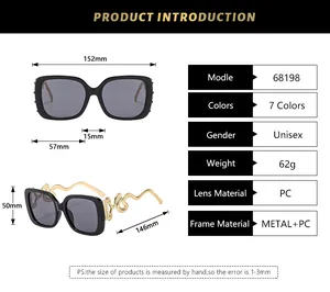 Detailed size chart for oversized square sunglasses featuring unique snake-shaped metal temples