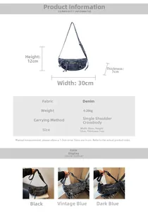 Detail view of denim tote bag with fashion embroidery and multi-zipper structure