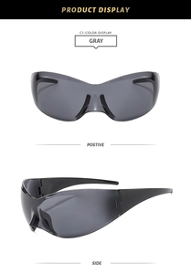 Detailed front and side views of gray butterfly frame wrap-around sports sunglasses