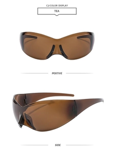 Front and side views of tea-tinted butterfly shield sunglasses in futuristic Y2K style