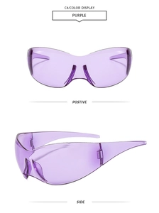 Detail view of purple oversized Y2K butterfly sunglasses from front and side angles
