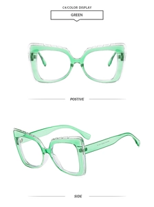 Detailed front and side views of green square anti-blue light glasses with cat-eye frames
