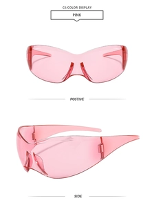 Front and side views of pink wrap-around butterfly sunglasses with transparent resin frame