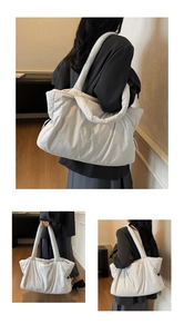 Collage of white quilted puffer tote bag showing large capacity and soft nylon texture