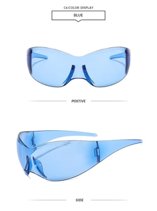 Blue rimless butterfly sports sunglasses with wrap-around shield design and clear lenses
