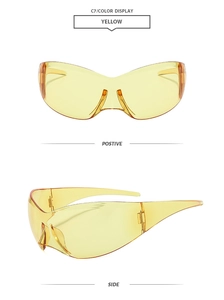 Detailed front and side view of yellow oversized butterfly frame wrap sunglasses
