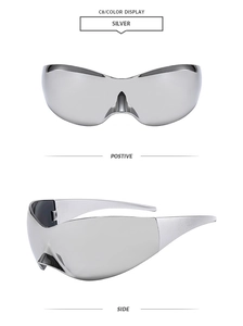 Futuristic silver butterfly frame sunglasses showing front and side detail views