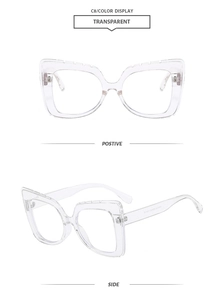 Detail view of transparent square frames showing positive and side optical angles