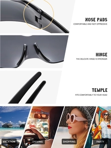 Detail view of butterfly frame sunglasses showing nose pads, hinge and party scenarios