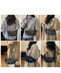 Detail view of denim tote bag showing multiple angles and adjustable shoulder strap