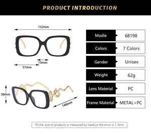 Size guide for square frame glasses with snake temple detail showing detailed dimensions