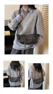 Detail view of dark grey denim crossbody bag with functional zippers and Fashion embossing