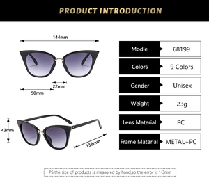 Detailed size chart for retro cat eye sunglasses showing frame width and lens dimensions