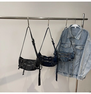 Detailed comparison of three denim crossbody bags in black, dark indigo, and light blue