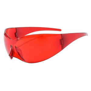 Futuristic red translucent butterfly wrap-around sunglasses with a sleek unibody design