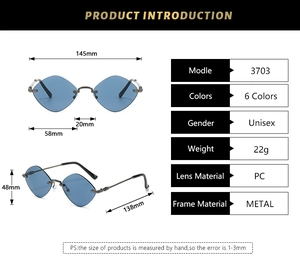 Detailed dimension guide for rimless diamond cut sunglasses showing frame measurements