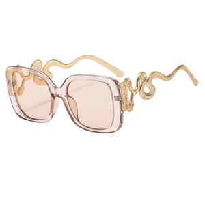 Gothic large square sunglasses with pink transparent frames and golden snake temples