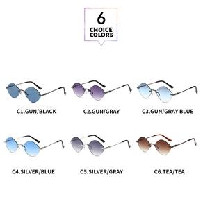 Detailed grid of rimless diamond-cut sunglasses showing six distinct color lens options