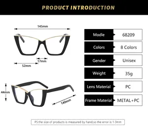 Detailed size chart for cat-eye glasses with dimensions 145mm width and 140mm temple length