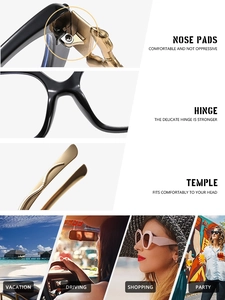 Detail of metal snake hinge and integrated nose pads on square fashion glasses