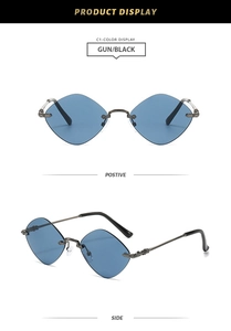 Detail view of rimless diamond-shaped sunglasses with light blue lenses and metal temples