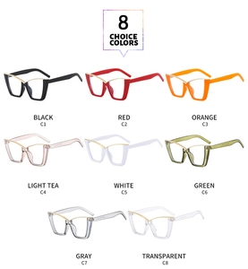 Cat eye glasses frames displayed in eight distinct colors with elegant gold metal accents