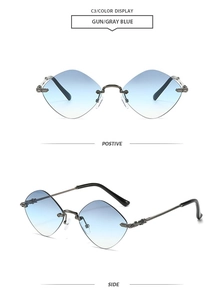 Detailed view of C3 gunmetal rimless diamond cut sunglasses with gradient blue lenses