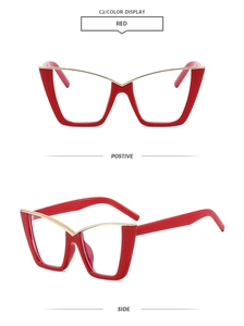 Front and side views of fashionable red cat-eye glasses with gold metal accents
