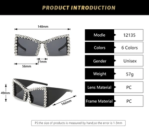 Detailed size specifications for oversized diamond-studded square sunglasses with PC frame