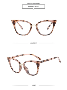 Detail of pink tortoiseshell cat-eye sunglasses with gold metal bridge and side views