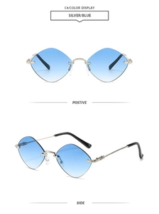 Detail of rimless diamond-cut sunglasses with blue gradient lenses and silver frames